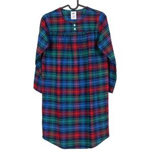 Lands End Flannel Nightgown Girls 10 Plaid Red Green Blue Long Sleeve Winter